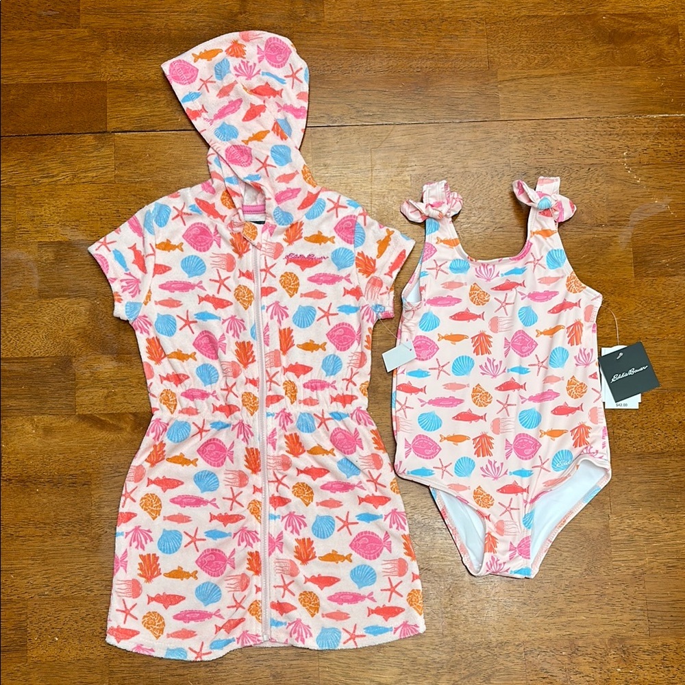 Eddie Bauer Toddler Girls 4T One Piece Swimsuit and Matching Terry Cover Up NWT